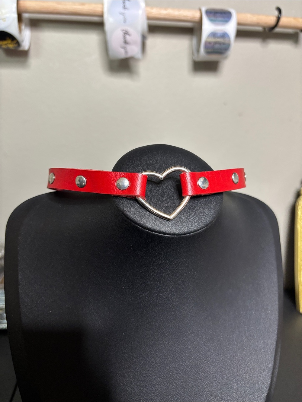Faux Leather Gothic Emo Red Heart Studded Choker Necklace
